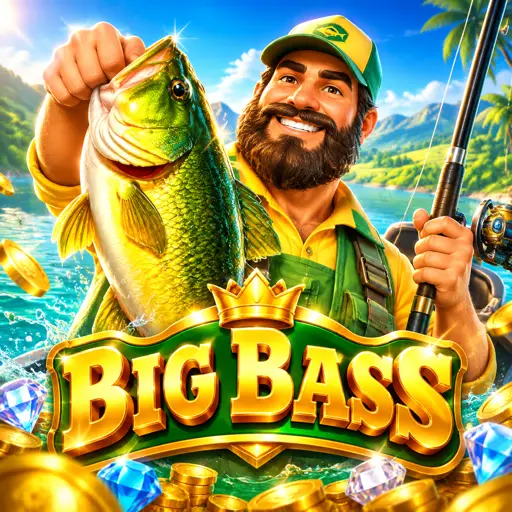 Capa do slot Big Bass Splash com pescador, dinamite e anzol